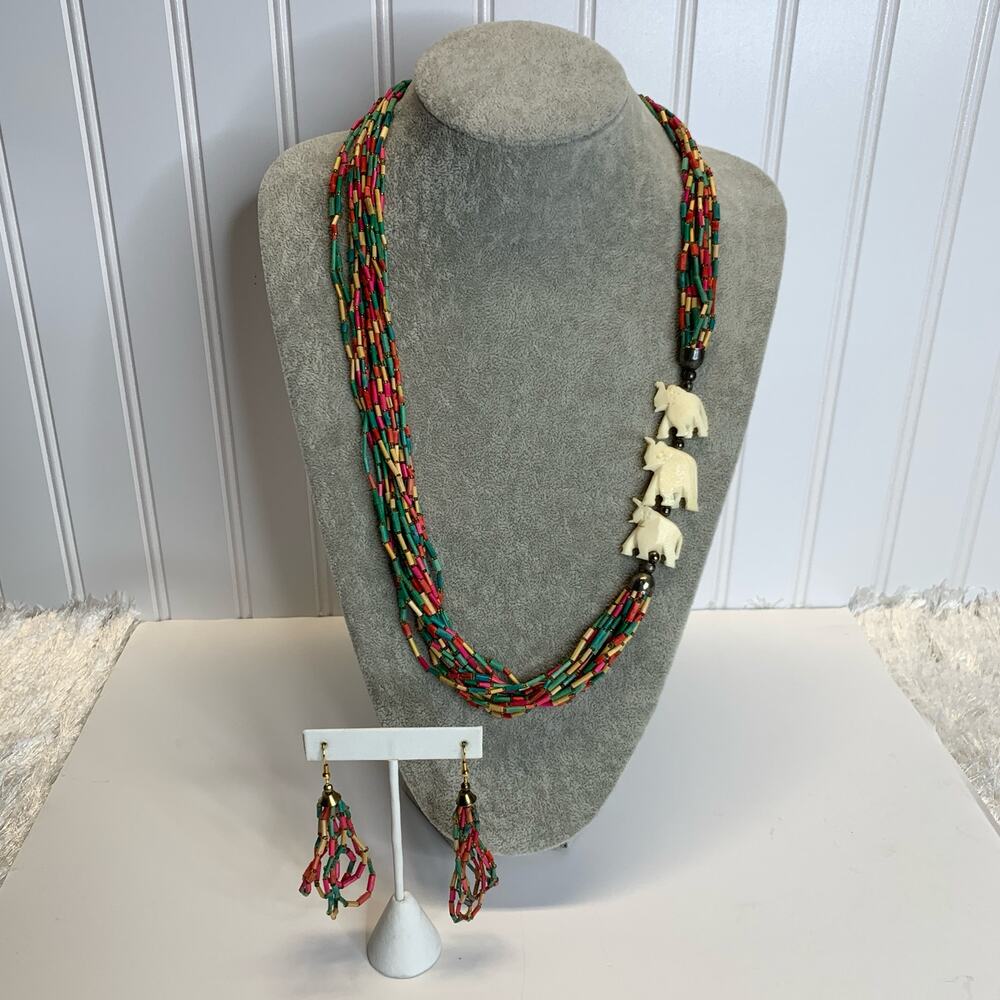 Elephant Carved Beaded Necklace Dangly Earrings 80s 90s